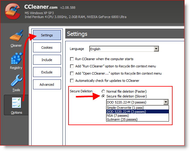 Configurați CCleaner pentru a șterge și șterge în siguranță fișierele de 3 ori sau DOD 5220.22-M