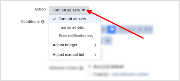 Opțiuni din meniul drop-down de acțiune atunci când creați o regulă Facebook.