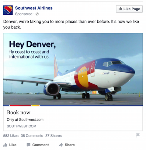 reclama facebook pentru linii aeriene de sud-vest