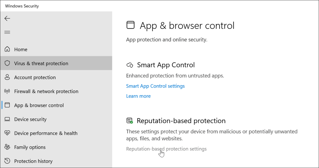 setări de protecție bazate pe reputație Windows Security