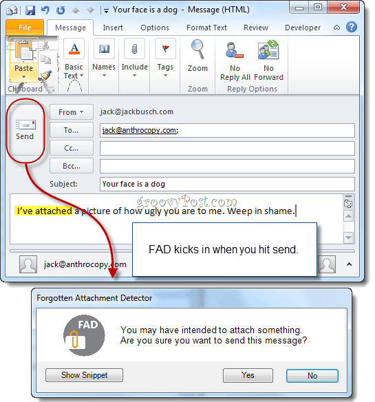 Detector de atașament uitat pentru Microsoft Outlook