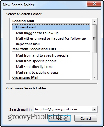 Dosarele de căutare Outlook 2013 sunt noi