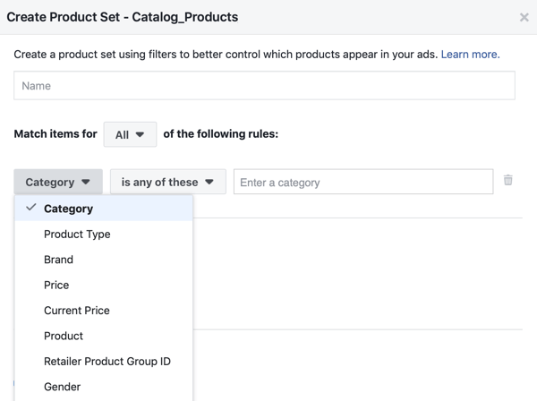 Utilizați Instrumentul de configurare a evenimentelor Facebook, pasul 28, opțiunea din meniul Facebook pentru a aplica filtre cărora li se afișează produsele clienților
