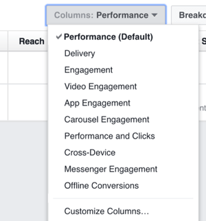 Faceți clic pe lista derulantă Coloane pentru opțiuni pentru a modifica coloanele pe care le vedeți în Facebook Ads Manager.