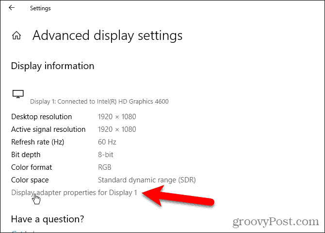 Faceți clic pe Display proprietăți adaptor