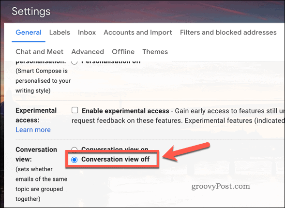Dezactivați vizualizarea conversației în setările Gmail