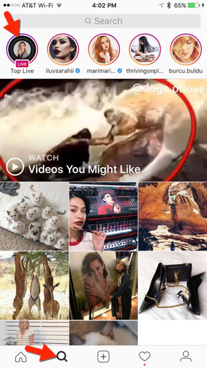 Instagram prezintă, de asemenea, videoclipuri live curente în fila Explorează.