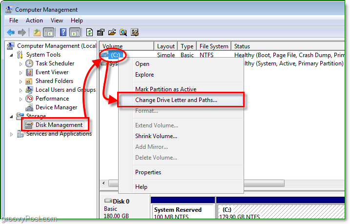 utilizați funcția de gestionare a discului pentru a intra în dialogul cu scrisoarea de schimbare a unității în Windows 7