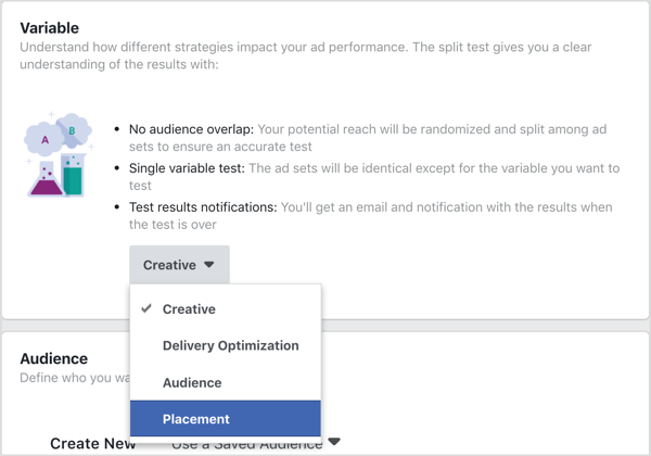 Selectați Destinație de plasare ca variabilă de testat cu testul de divizare Facebook