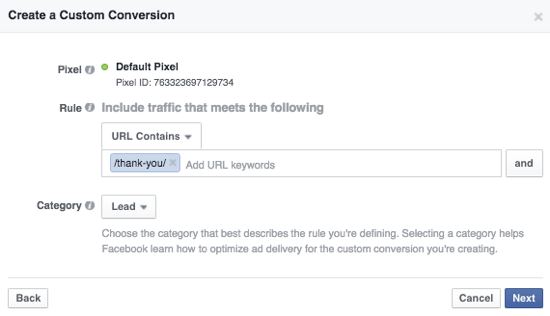 conversie personalizată a anunțurilor facebook