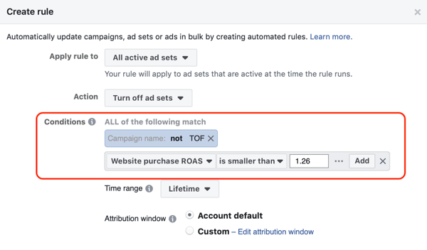 Utilizați regulile automatizate Facebook, opriți setul de anunțuri atunci când rentabilitatea cheltuielilor publicitare scade sub minim, pasul 3, setările condiției