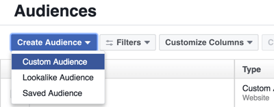 Creați un public personalizat în Facebook Ads Manager.