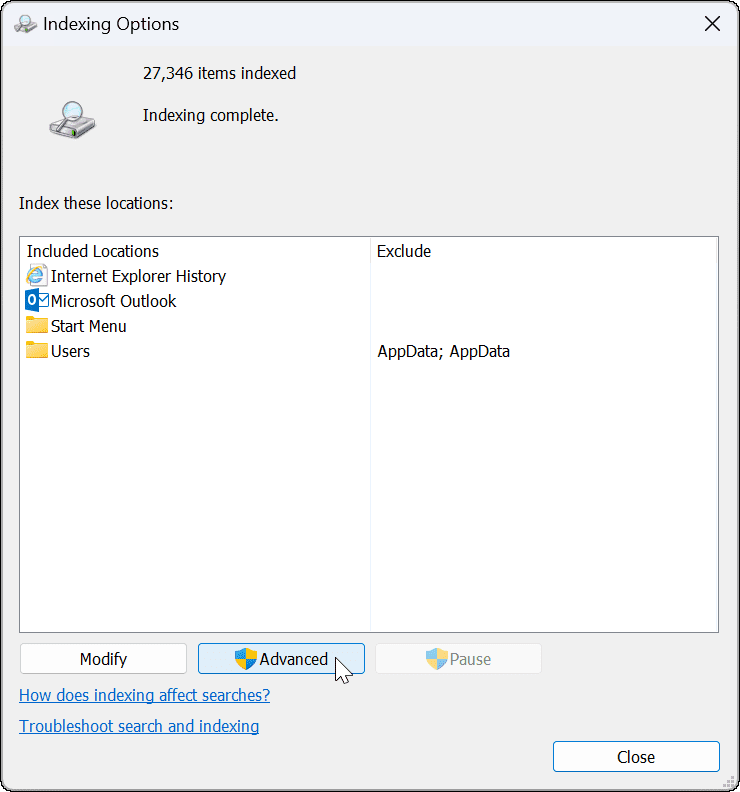 Căutarea Outlook în Windows 11 nu funcționează