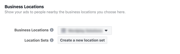 Opțiunea de a crea un nou set de locații pentru anunțul dvs. de afaceri Facebook.