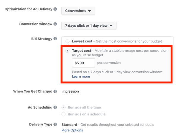 Sfaturi pentru reducerea costurilor anunțurilor Facebook, opțiune pentru a seta strategia de licitare la costul vizat