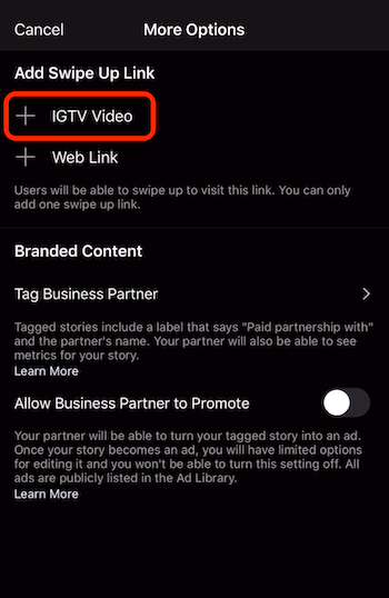 opțiune pentru a adăuga un link glisat în sus la videoclipul IGTV