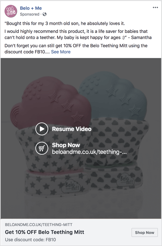 Acest anunț de pe Facebook folosește un videoclip cu prezentare de diapozitive pentru a promova o reducere la un anumit produs.