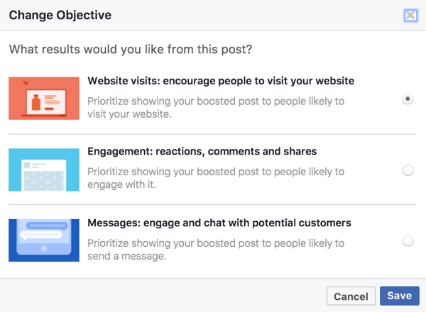 Opțiunile obiective pentru postările stimulate se bazează pe media folosită în postarea dvs. de pe Facebook.