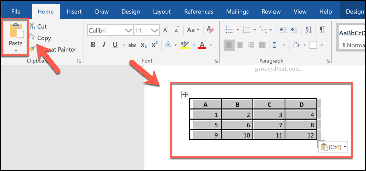 Lipiți celule dintr-o foaie de calcul Excel, afișată sub forma unui tabel în Word