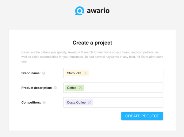 Cum să utilizați Awario pentru ascultarea rețelelor sociale, Pasul 1 creați un proiect.