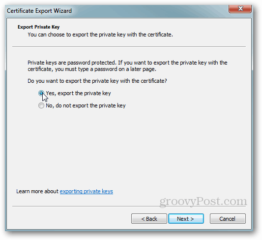 Exportare certificat Windows - cheie privată Da