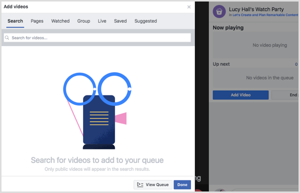 Alegeți o sursă pentru a adăuga videoclipuri la coada de petrecere a vizionării Facebook.