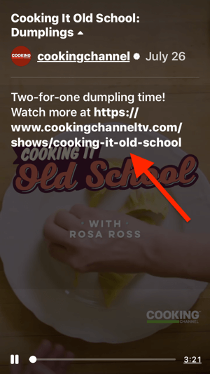 Exemplu de link video pe care se poate face clic în descrierea episodului IGTV Cooking It Old School „Dumplings”.