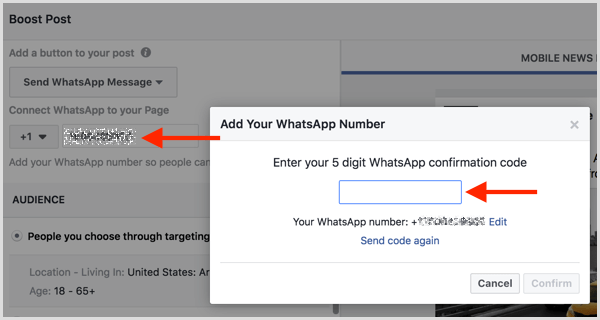Introduceți codul de confirmare pe care l-ați primit prin SMS pentru a vă conecta contul WhatsApp Business la Facebook.