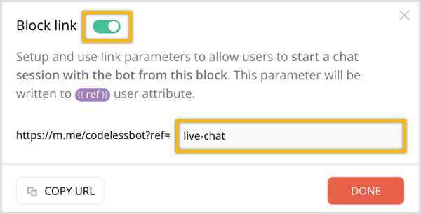 Opțiunea ChatFuel Block Link