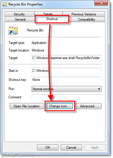 schimbați o pictogramă de comenzi rapide în Windows 7