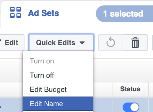 În Facebook Power Editor, selectați Editați numele din meniul derulant Modificări rapide.