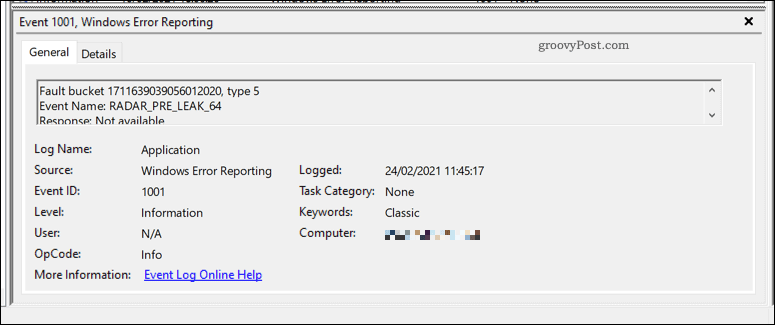 Un exemplu de raport de erori Windows