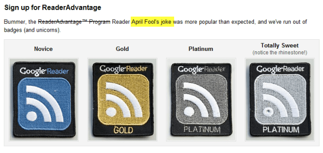 Google Reader 2010 April Fools Reader Adgeage Badge
