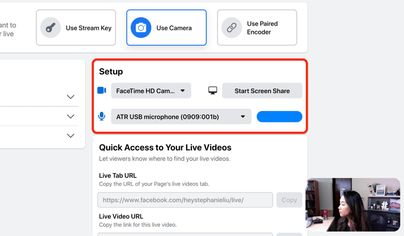 Opțiunea de configurare a fluxului live Facebook pentru a vă selecta camera și microfonul și / sau partajarea ecranului