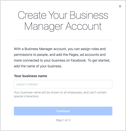 Introduceți numele companiei dvs. pentru a vă crea contul de Business Manager.
