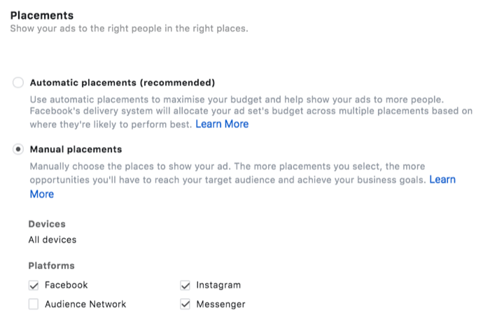 opțiuni de meniu pentru plasarea anunțurilor cu destinații de plasare manuale selectate, în special Facebook, Instagram și Messenger