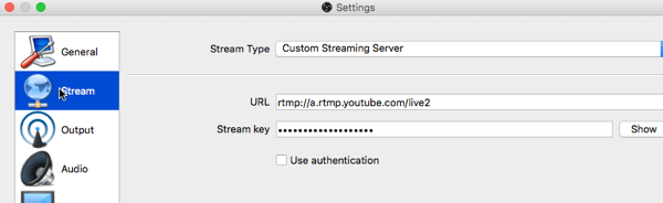 configurare live YouTube cu software de difuzare deschis