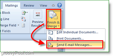 Captura de ecran Outlook 2010 - finalizează și îmbină și trimite mesaje prin e-mail