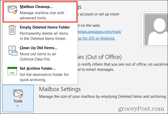 Instrumente, Curățarea cutiei poștale în Outlook
