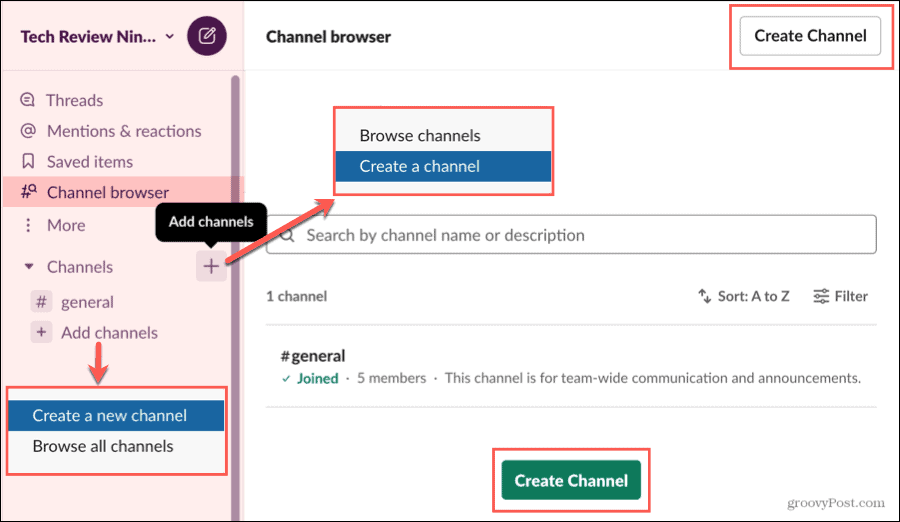 Creați un canal în browserul Slack Channel