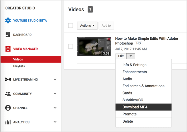 Navigați la videoclipul dvs. în Manager video, faceți clic pe butonul Editați de lângă videoclipul YouTube și selectați Descărcați MP4.