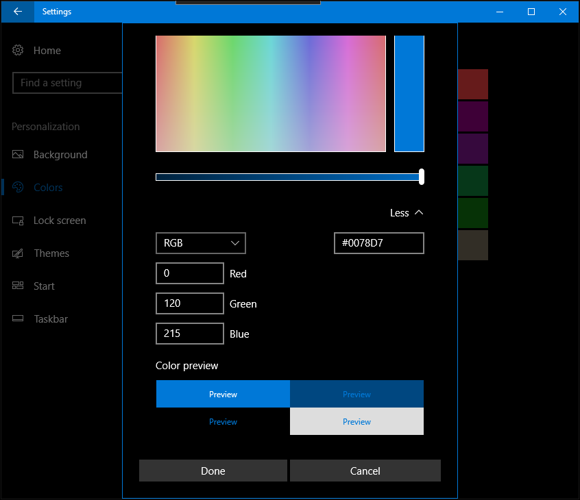 Windows 10 creatorii actualizează culorile personalizate