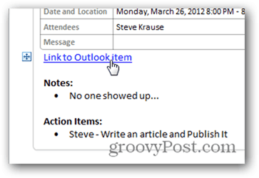 Faceți clic pe Link înapoi la elementul din Outlook Outlook