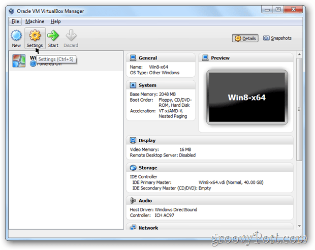 Setările VirtualBox configurează Windows 8