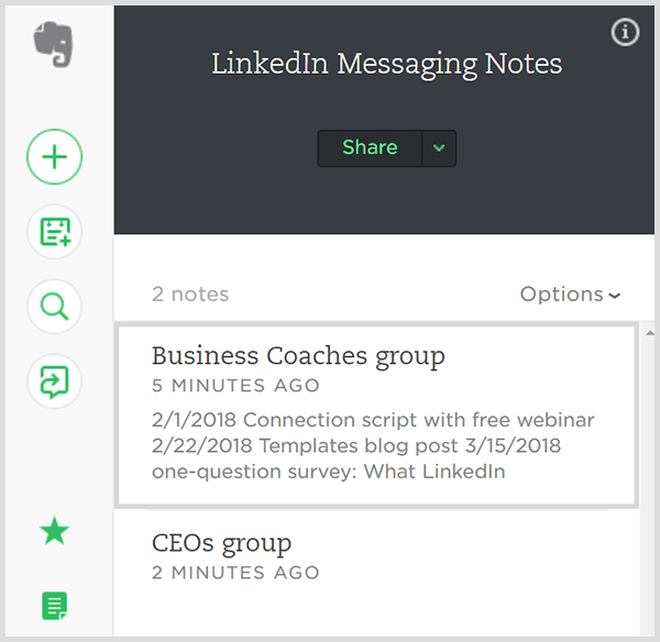 Urmăriți mesajele trimise grupurilor de contacte LinkedIn din Evernote. 