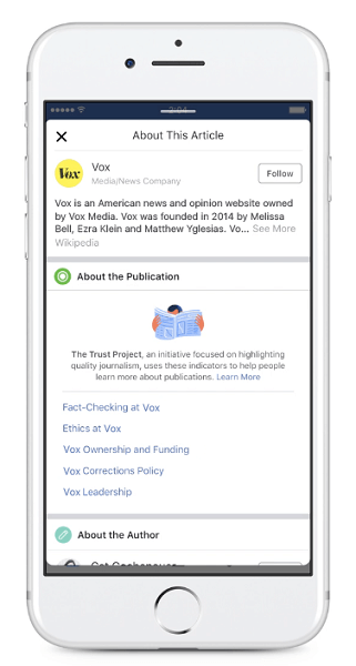 Facebook va începe să afișeze noi indicatori de încredere pentru editor pentru articole distribuite în fluxul de știri.