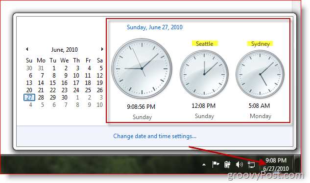 Microsoft Windows 7 afișând ceasuri adiționale în zone de fus orar diferite
