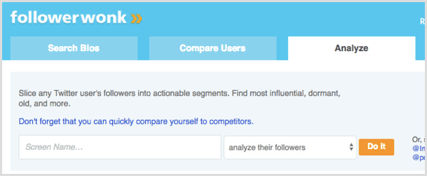 Căutare FollowerWonk pentru a analiza adepții utilizatorului Twitter